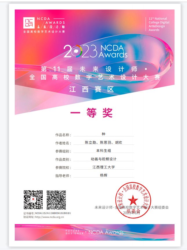 NCDA 江西赛区一等奖证书